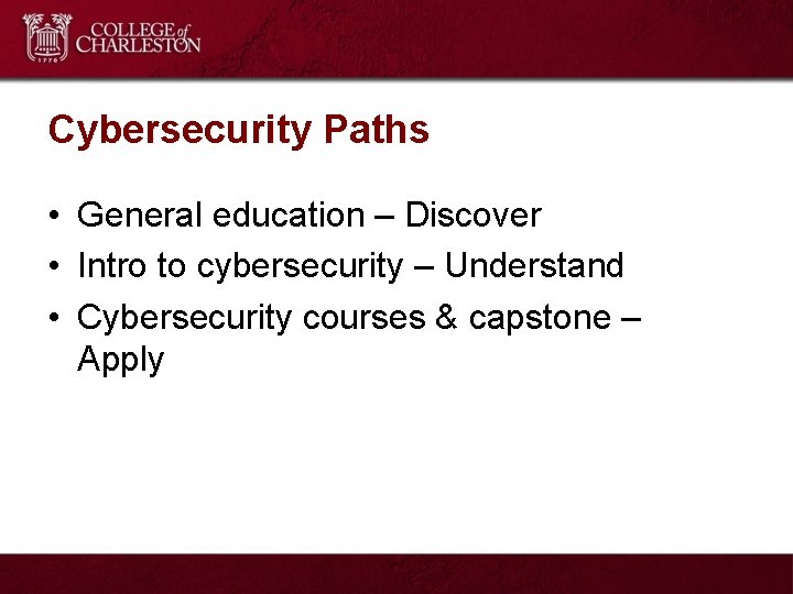 Cybersecurity Paths • General education – Discover • Intro to cybersecurity – Understand •