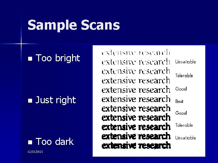 Sample Scans n Too bright n Just right n Too dark 12/13/2021 CTEBVI Conference Sample Scans n Too bright n Just right n Too dark 12/13/2021 CTEBVI Conference