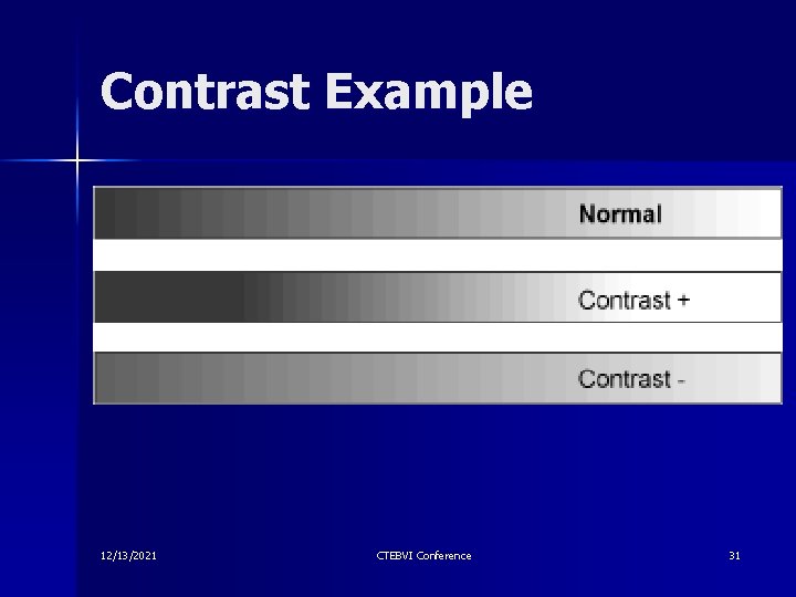 Contrast Example 12/13/2021 CTEBVI Conference 31 Contrast Example 12/13/2021 CTEBVI Conference 31