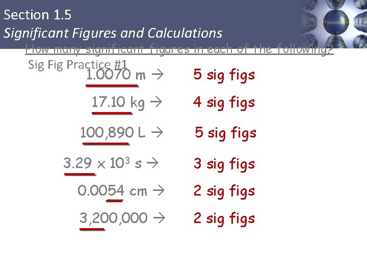 Section 1. 5 Significant Figures and Calculations How many significant figures in each of
