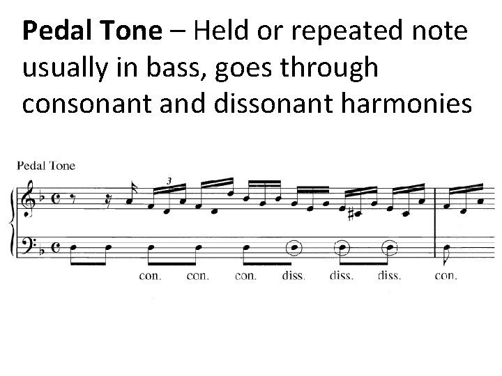 Pedal Tone – Held or repeated note usually in bass, goes through consonant and