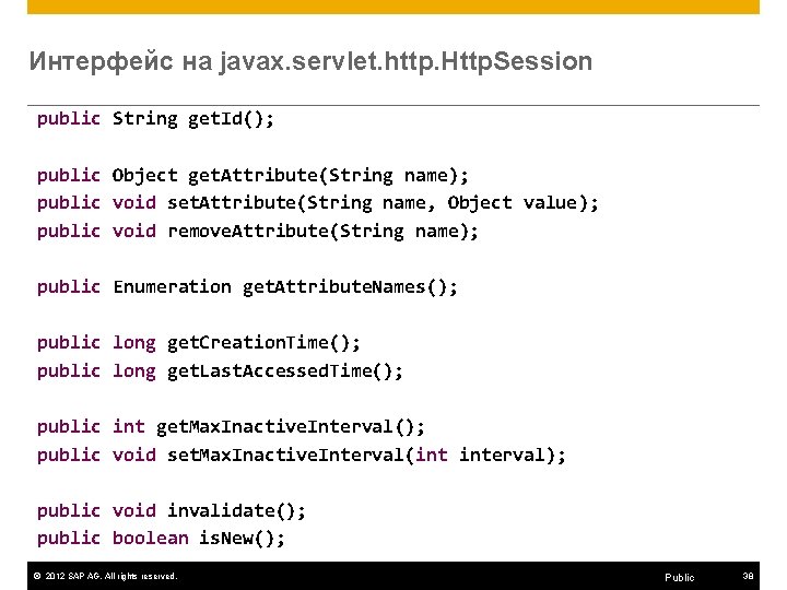 Интерфейс на javax. servlet. http. Http. Session public String get. Id(); public Object get.