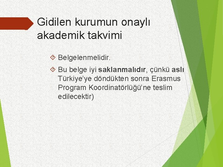 Gidilen kurumun onaylı akademik takvimi Belgelenmelidir. Bu belge iyi saklanmalıdır, çünkü aslı Türkiye’ye döndükten