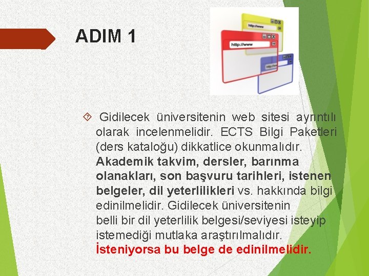 ADIM 1 Gidilecek üniversitenin web sitesi ayrıntılı olarak incelenmelidir. ECTS Bilgi Paketleri (ders kataloğu)