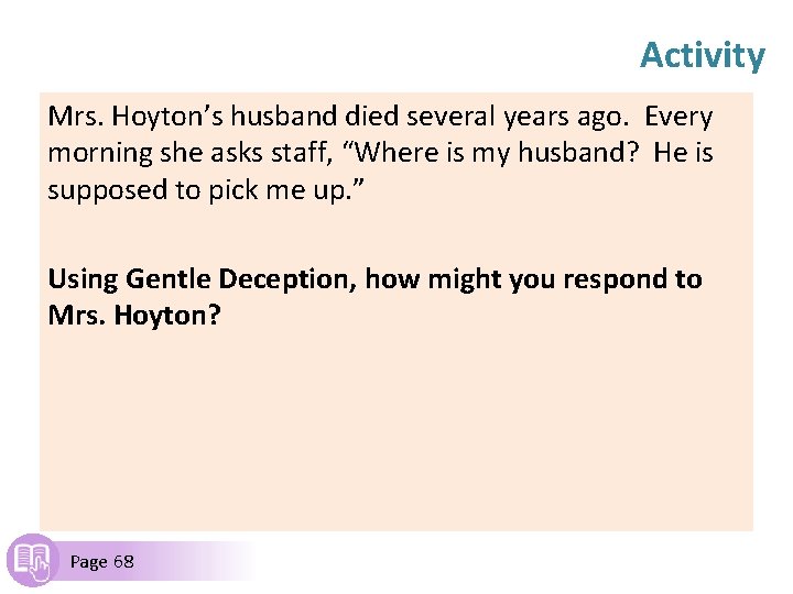Activity Mrs. Hoyton’s husband died several years ago. Every morning she asks staff, “Where
