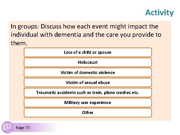 Activity In groups: Discuss how each event might impact the individual with dementia and