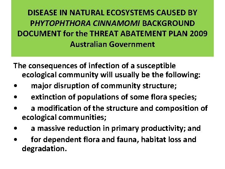 DISEASE IN NATURAL ECOSYSTEMS CAUSED BY PHYTOPHTHORA CINNAMOMI BACKGROUND DOCUMENT for the THREAT ABATEMENT