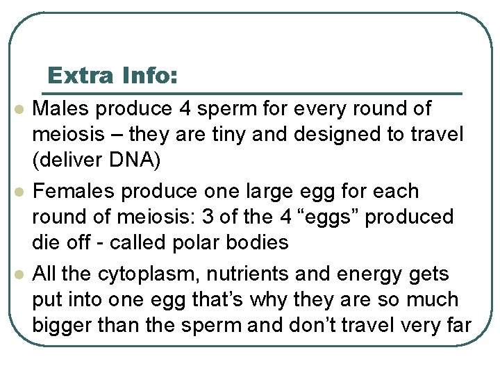 Extra Info: l l l Males produce 4 sperm for every round of meiosis