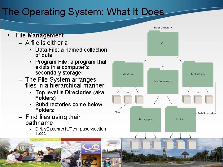 The Operating System: What It Does • File Management – A file is either