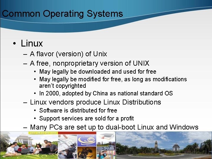 Common Operating Systems • Linux – A flavor (version) of Unix – A free,