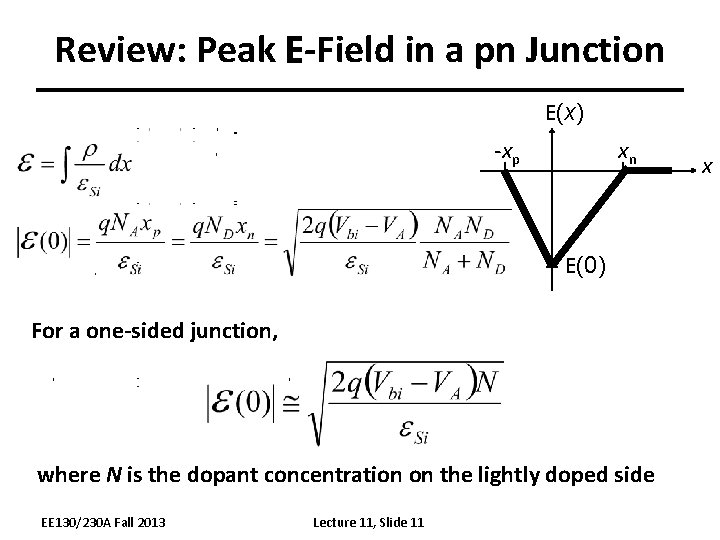 Review: Peak E-Field in a pn Junction E(x) -xp xn E(0) For a one-sided