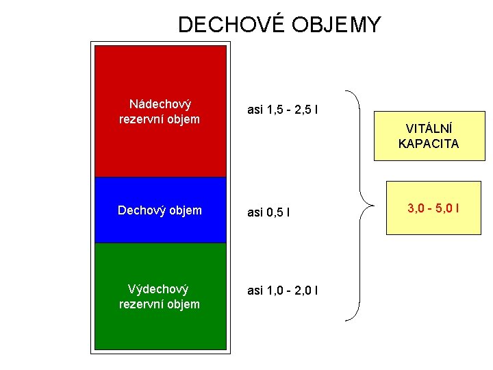 DECHOVÉ OBJEMY Nádechový rezervní objem asi 1, 5 - 2, 5 l Dechový objem