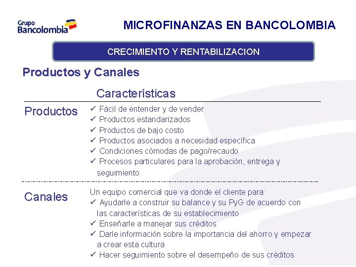 MICROFINANZAS EN BANCOLOMBIA CRECIMIENTO Y RENTABILIZACION Productos y Canales Características Productos ü ü ü