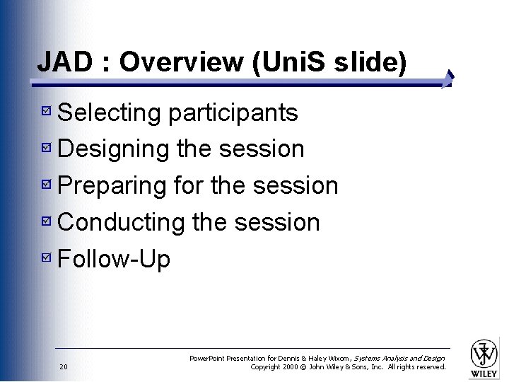 JAD : Overview (Uni. S slide) Selecting participants Designing the session Preparing for the