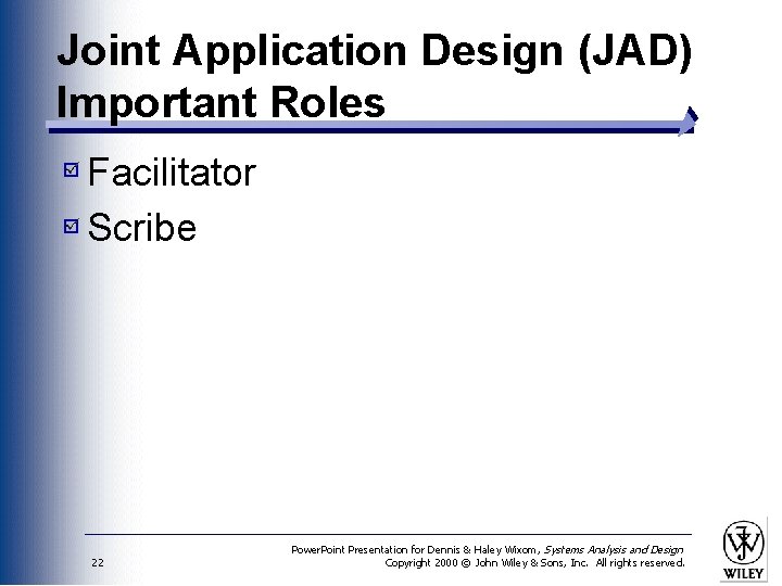 Joint Application Design (JAD) Important Roles Facilitator Scribe 22 Power. Point Presentation for Dennis