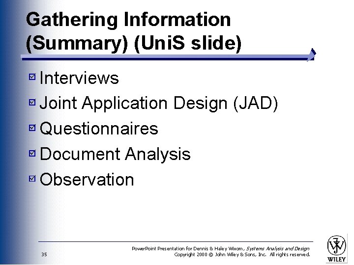 Gathering Information (Summary) (Uni. S slide) Interviews Joint Application Design (JAD) Questionnaires Document Analysis