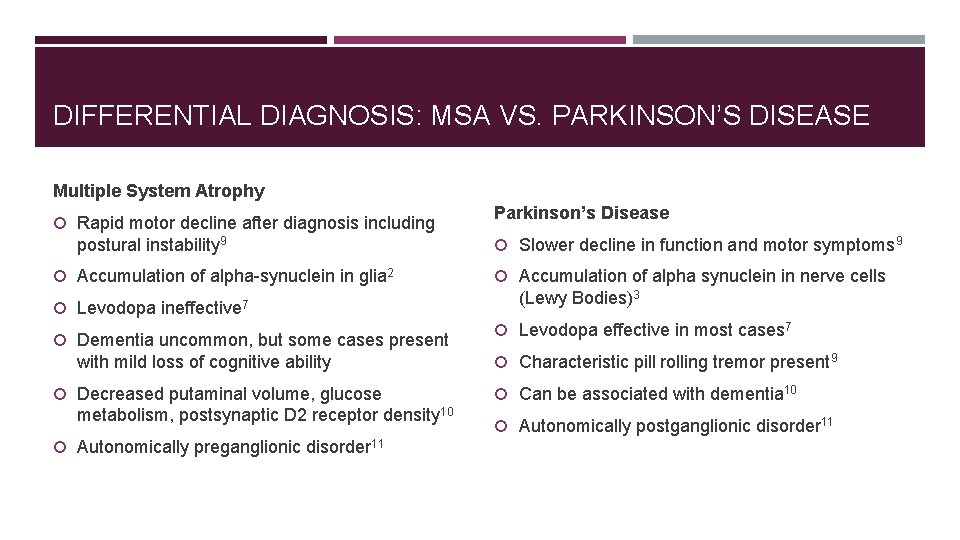 DIFFERENTIAL DIAGNOSIS: MSA VS. PARKINSON’S DISEASE Multiple System Atrophy Rapid motor decline after diagnosis