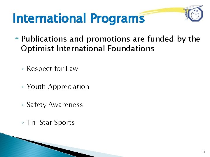 International Programs Publications and promotions are funded by the Optimist International Foundations ◦ Respect