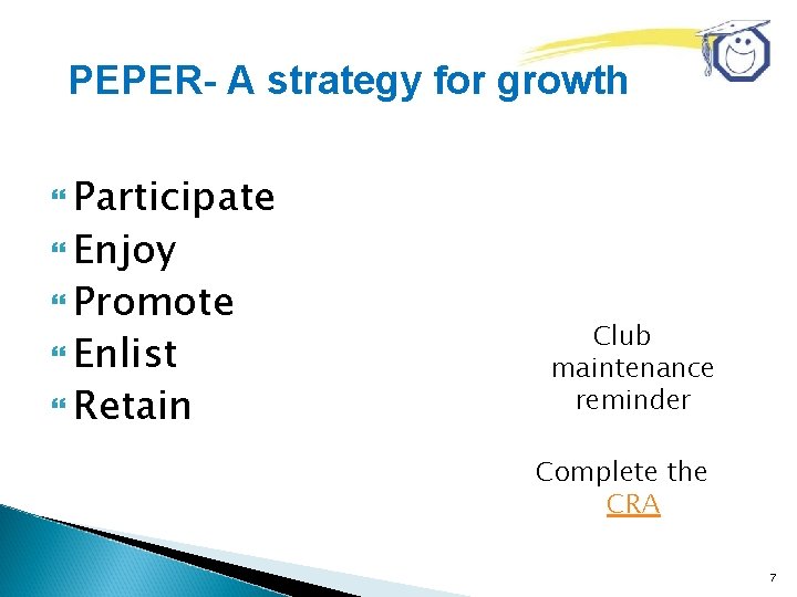 PEPER- A strategy for growth Participate Enjoy Promote Enlist Retain Club maintenance reminder Complete