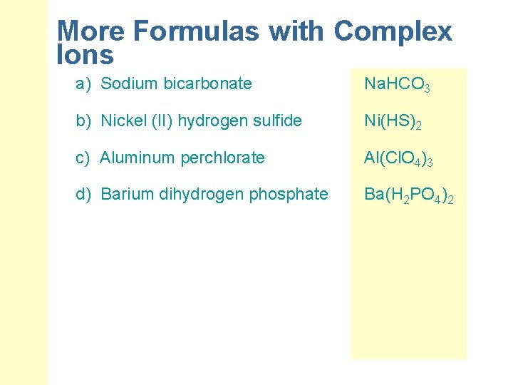 More Formulas with Complex Ions a) Sodium bicarbonate Na. HCO 3 b) Nickel (II)