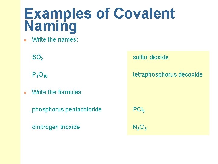 Examples of Covalent Naming n n Write the names: SO 2 sulfur dioxide P