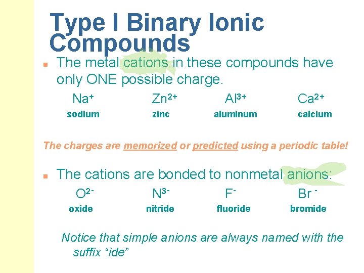 Type I Binary Ionic Compounds n The metal cations in these compounds have only