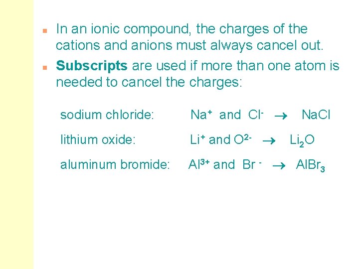 n n In an ionic compound, the charges of the cations and anions must