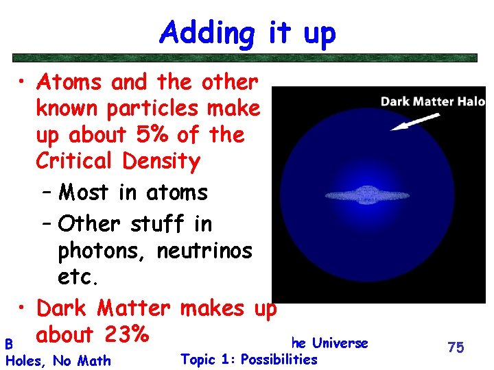 Adding it up • Atoms and the other known particles make up about 5%