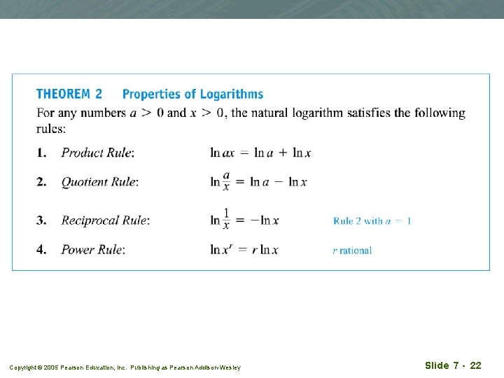 Copyright © 2005 Pearson Education, Inc. Publishing as Pearson Addison-Wesley Slide 7 - 22