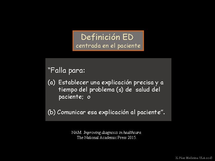 Definición ED centrada en el paciente “Falla para: (a) Establecer una explicación precisa y