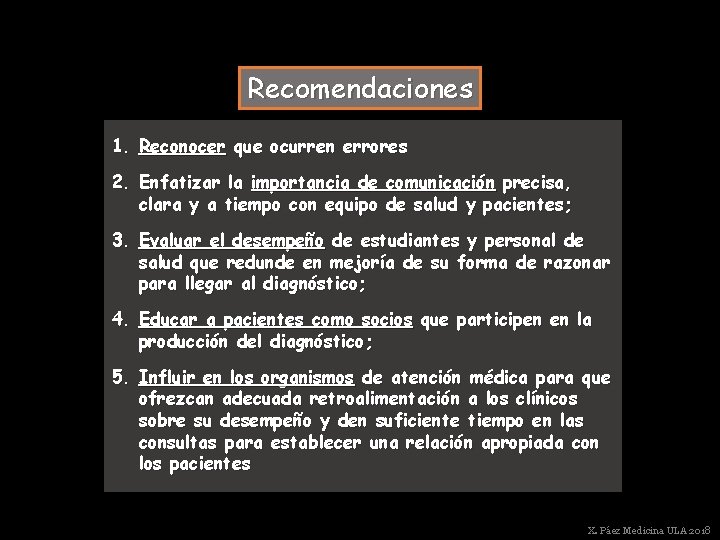 Recomendaciones 1. Reconocer que ocurren errores 2. Enfatizar la importancia de comunicación precisa, clara