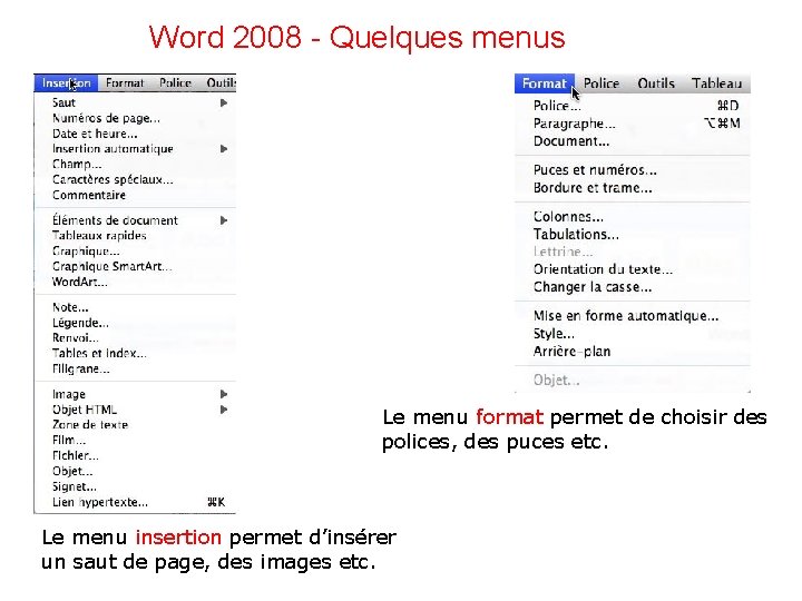 Word 2008 - Quelques menus Le menu format permet de choisir des polices, des