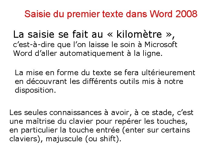 Saisie du premier texte dans Word 2008 La saisie se fait au « kilomètre