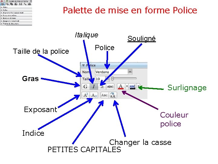 Palette de mise en forme Police Italique Taille de la police Souligné Police Gras