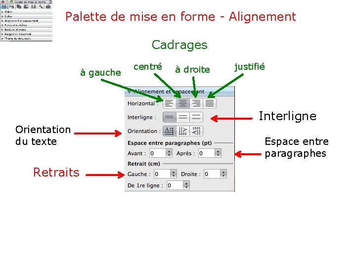 Palette de mise en forme - Alignement Cadrages à gauche centré à droite justifié