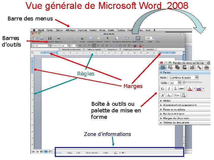 Vue générale de Microsoft Word 2008 Barre des menus Barres d’outils Règles Marges Boîte