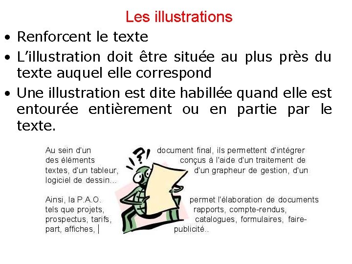 Les illustrations • Renforcent le texte • L’illustration doit être située au plus près