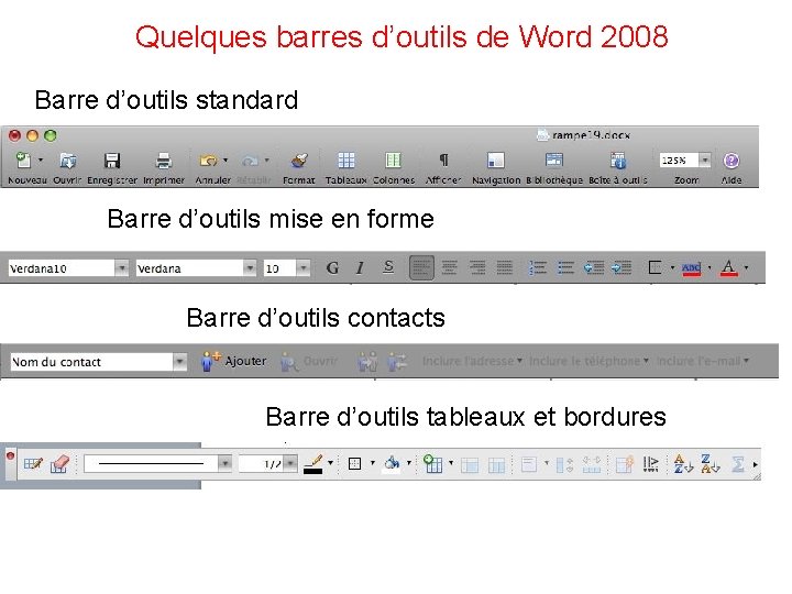 Quelques barres d’outils de Word 2008 Barre d’outils standard Barre d’outils mise en forme