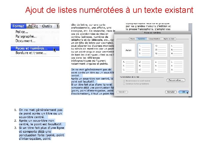 Ajout de listes numérotées à un texte existant 