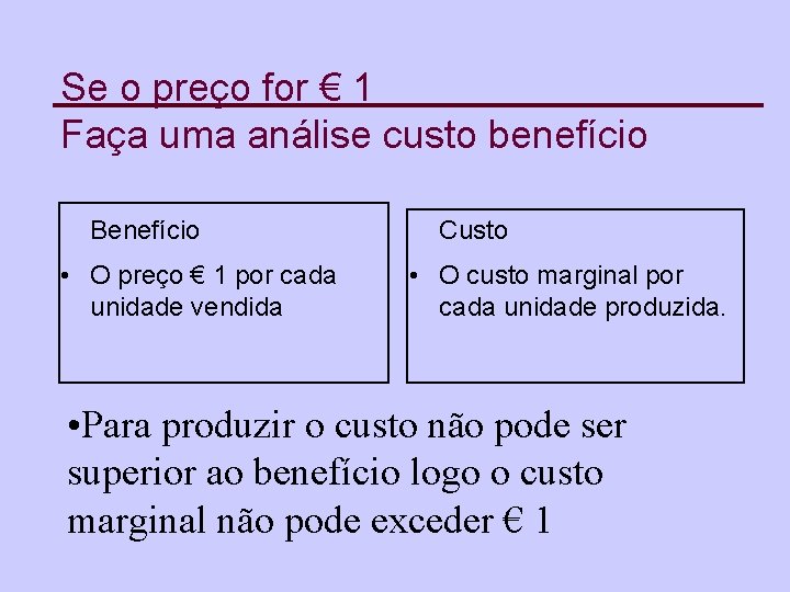 Se o preço for € 1 Faça uma análise custo benefício Benefício • O