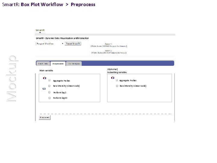 Mockup Smart. R: Box Plot Workflow > Preprocess (Optional) Subsetting variable Main variable Aggregate