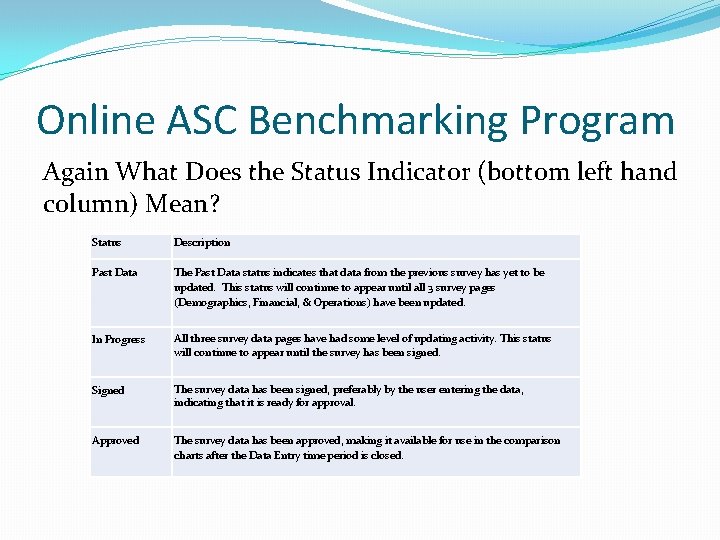 Online ASC Benchmarking Program Again What Does the Status Indicator (bottom left hand column)