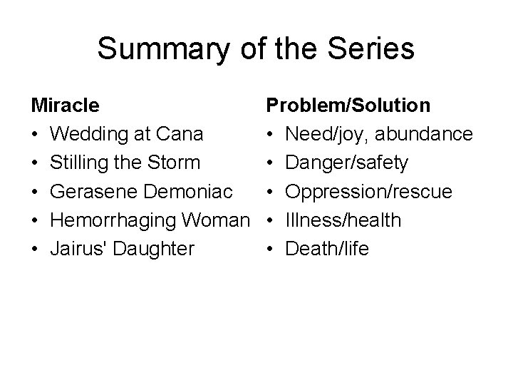 Summary of the Series Miracle • Wedding at Cana • Stilling the Storm •
