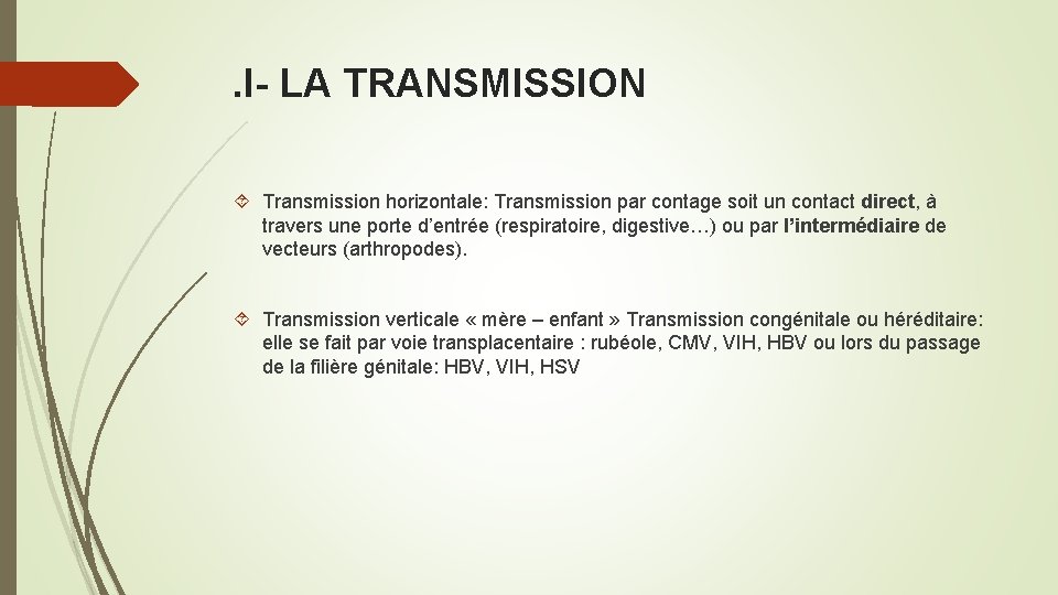 . I- LA TRANSMISSION Transmission horizontale: Transmission par contage soit un contact direct, à