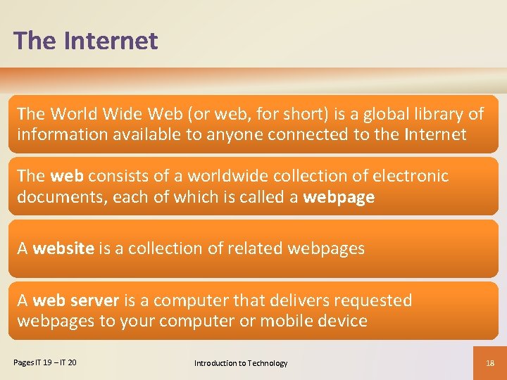 The Internet The World Wide Web (or web, for short) is a global library