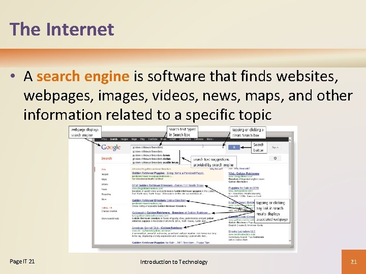 The Internet • A search engine is software that finds websites, webpages, images, videos,