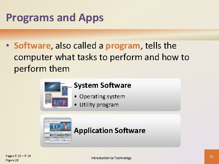 Programs and Apps • Software, also called a program, tells the computer what tasks