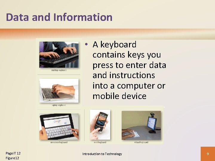 Data and Information • A keyboard contains keys you press to enter data and