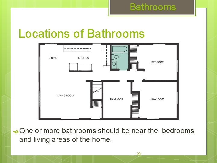 Bathrooms Locations of Bathrooms One or more bathrooms should be near the bedrooms and