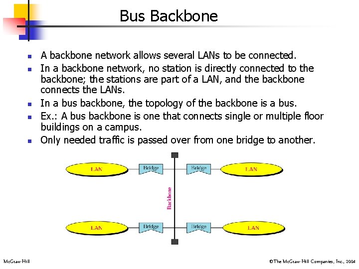 Bus Backbone n n n Mc. Graw-Hill A backbone network allows several LANs to